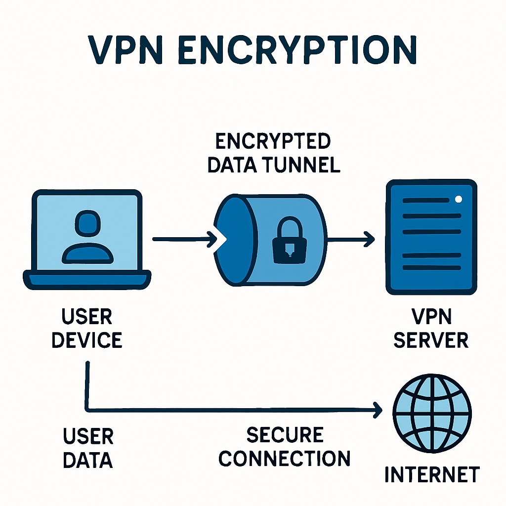 Diagram showing VPN technology and encrypted data flow.