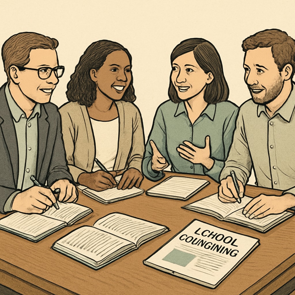 A group of school counselors collaborating during a workshop or professional development session. School counselors working together during a professional development session.