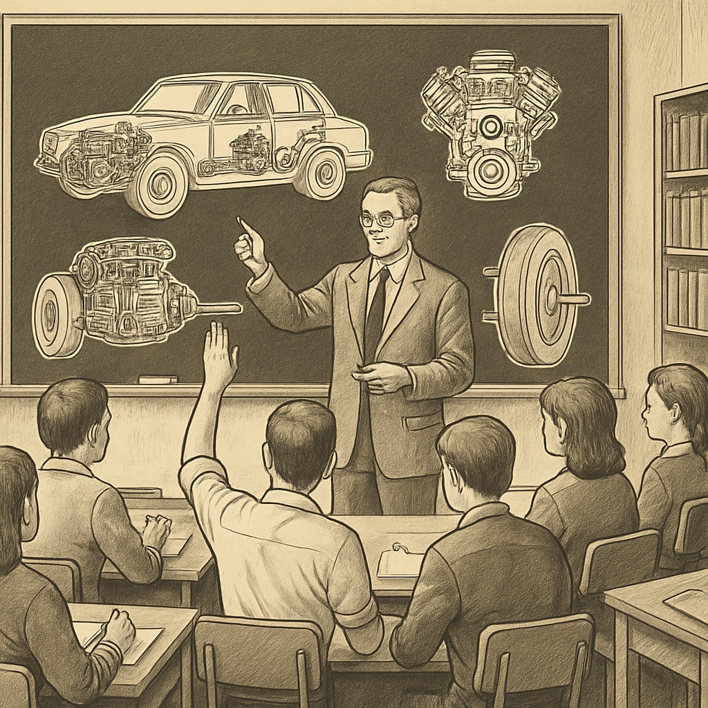 A classroom setting featuring students engaged in an automotive engineering lecture. Students attending an automotive engineering lecture as part of a bachelor's degree program.