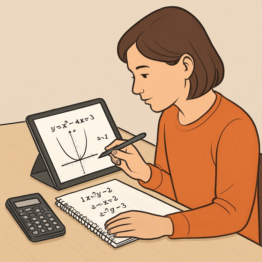 A student using a tablet to study math, with a notebook and calculator beside them. A student studying math with a tablet and calculator as learning resources.