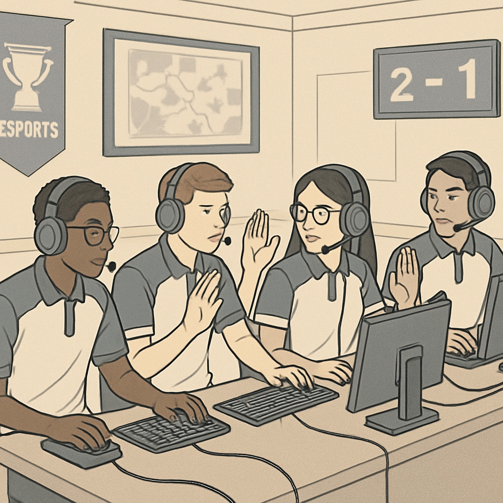 A high school esports team competing in a tournament, showcasing teamwork and strategy. Esports team competing; focuses on teamwork and strategy in education.