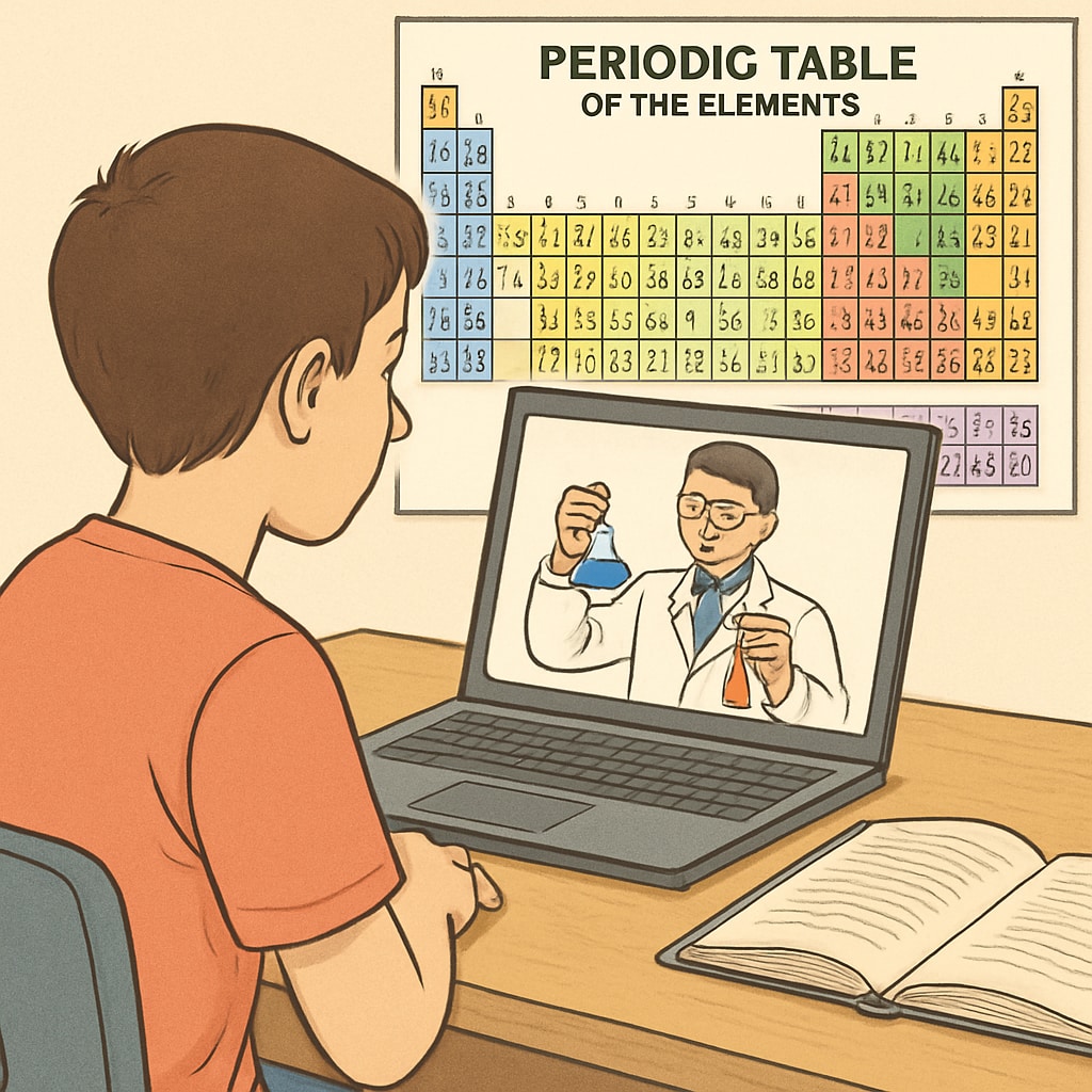 A student watching a science experiment video on a laptop, with a periodic table visible in the background. A student watching a science video for effective review of scientific concepts.
