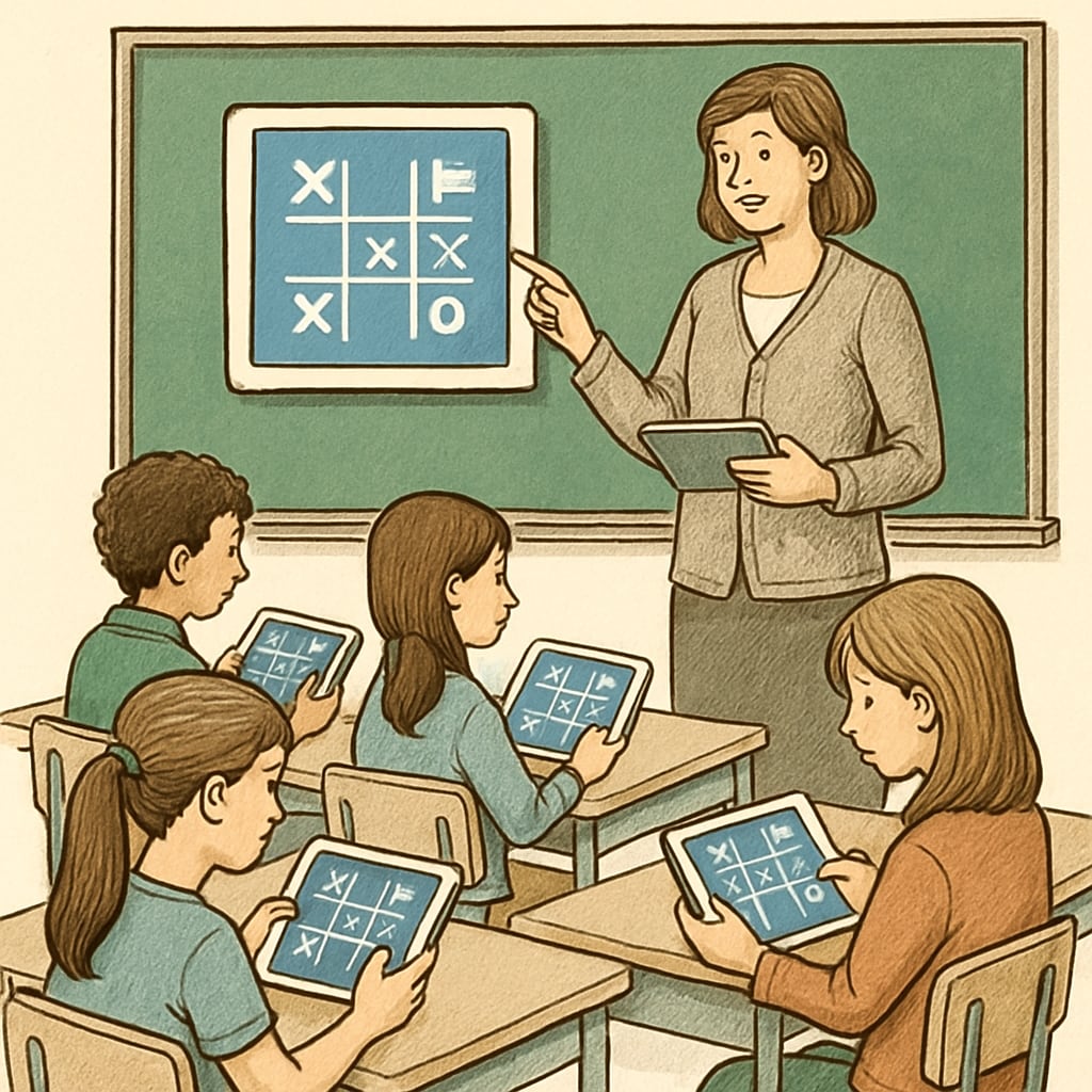 Students using tablets during a gamified learning session, illustrating interactive education methods. Gamified learning session with students engaged in interactive tablet-based activities.