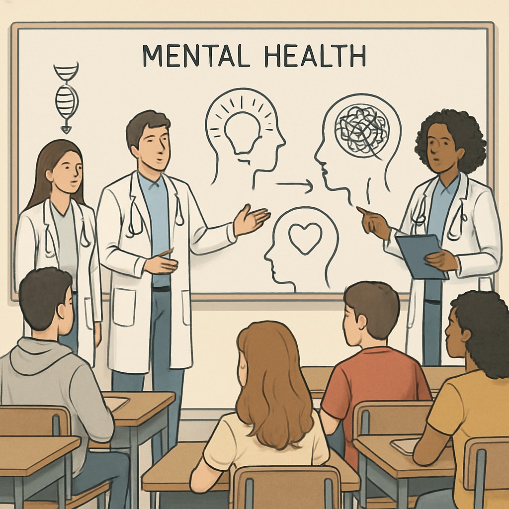 A classroom setting with medical students presenting a workshop on mental health to high school students. Workshop on mental health led by medical students for high school students.