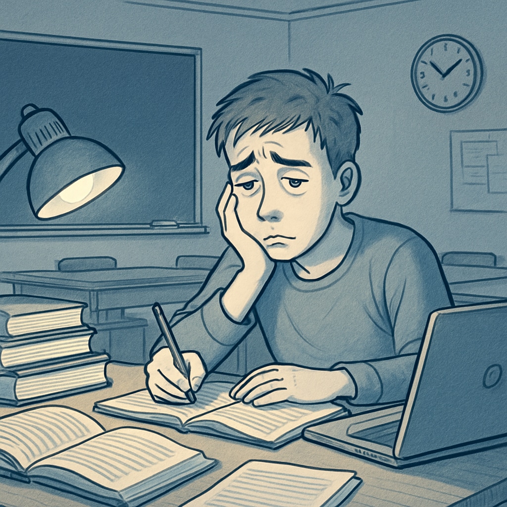 High school student studying late at night after a part-time shift.