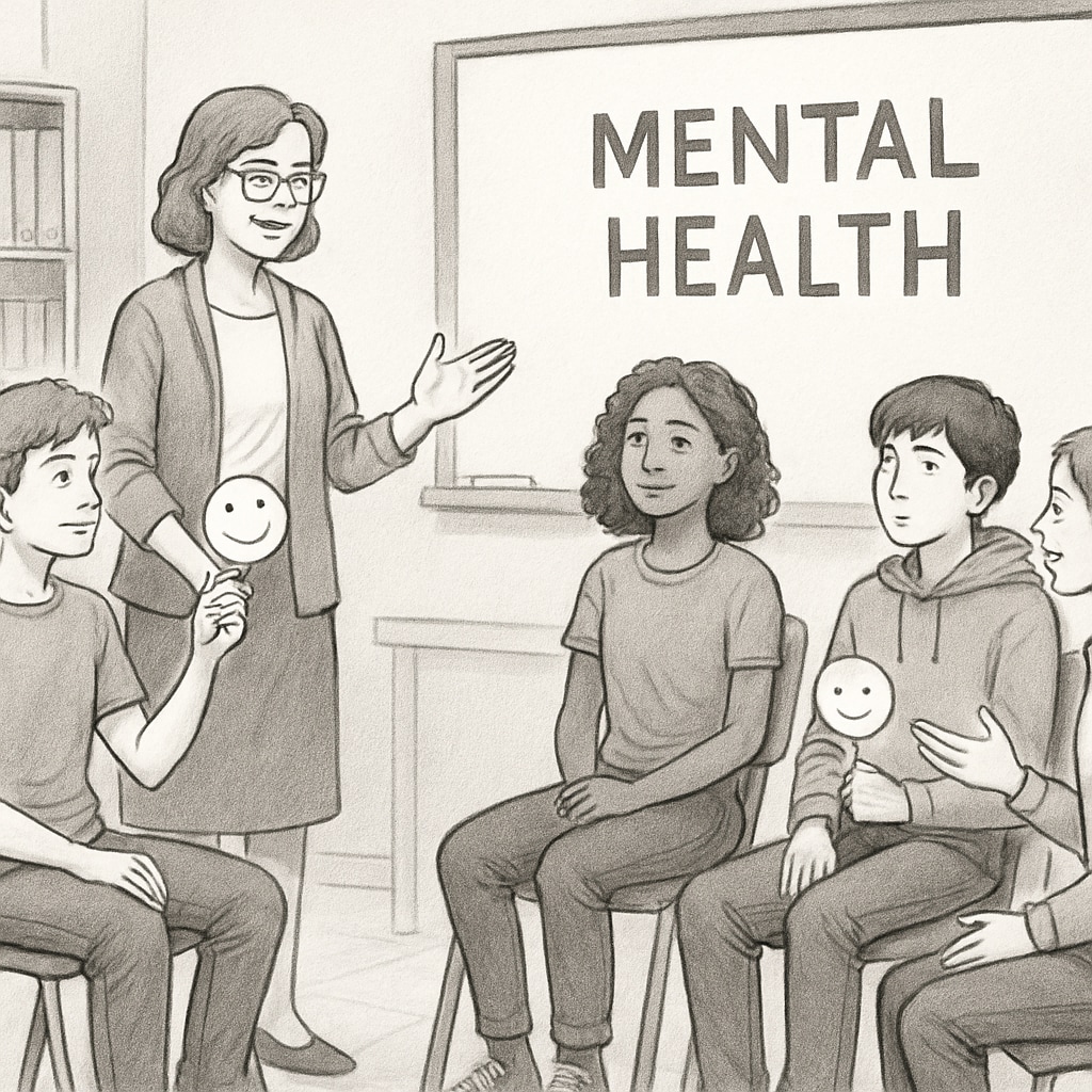 A group of high school students participating in an interactive mental health exercise during a workshop. High school students engaging in mental health exercises during a workshop.