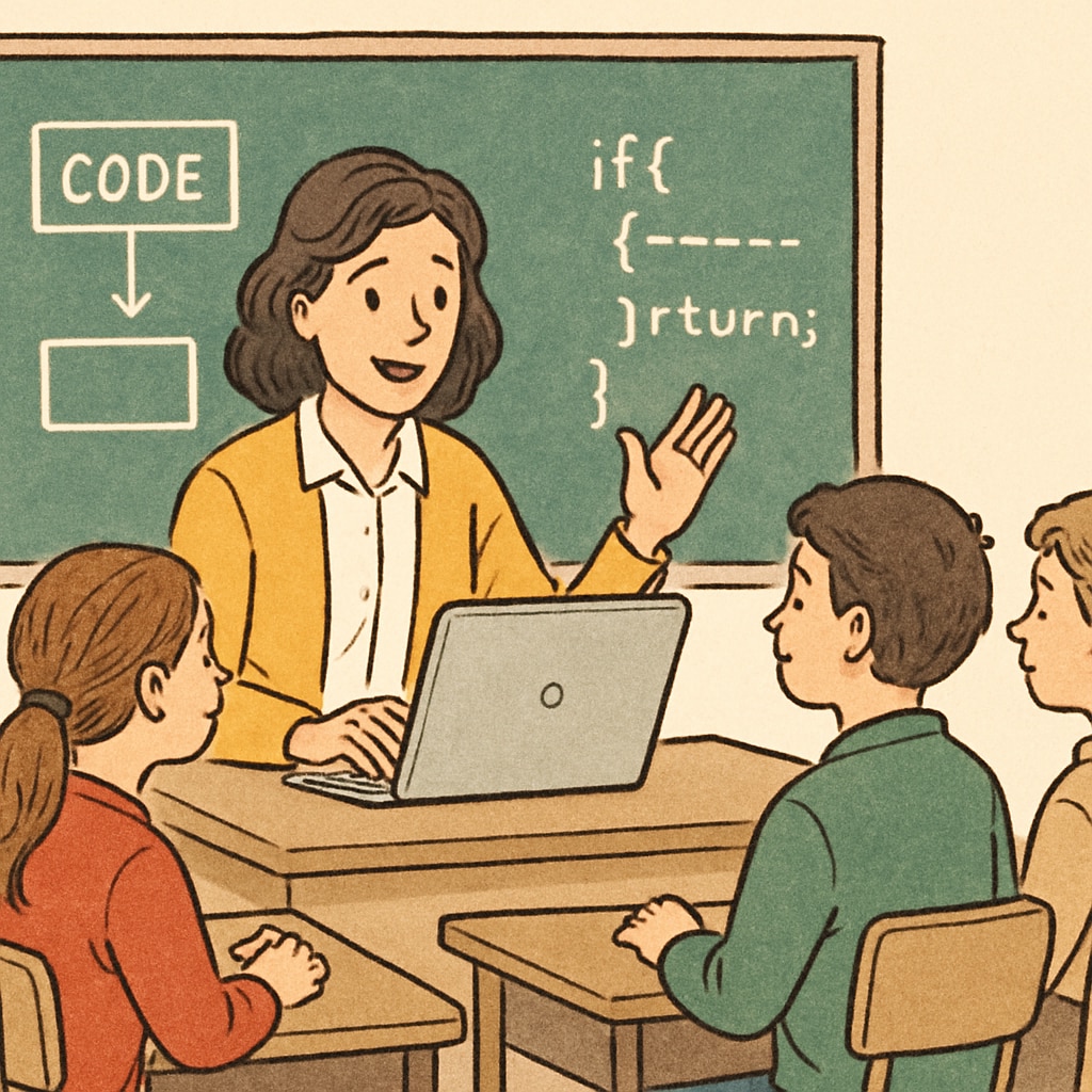 A teacher demonstrating coding concepts to a group of students using a laptop in a classroom. Teacher explaining coding to students using a laptop in a classroom setting.