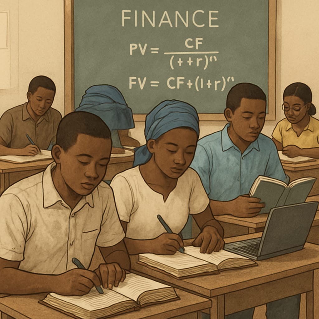 A group of Malian students studying finance at a local university, showcasing the challenges of limited resources. Malian students studying finance, highlighting limited educational resources.
