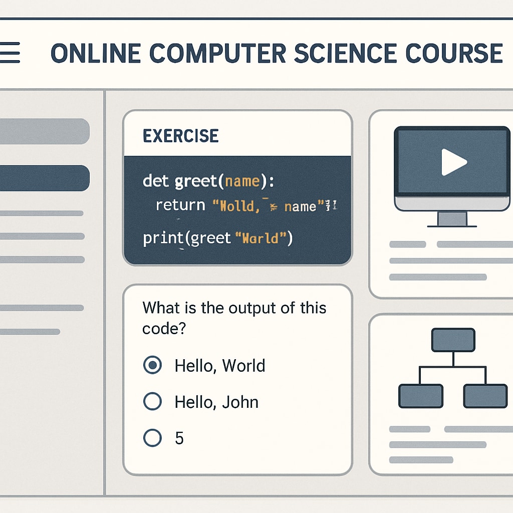A screenshot of an online computer science course interface, featuring coding exercises and interactive modules. Example of an online computer science course interface showcasing coding exercises.