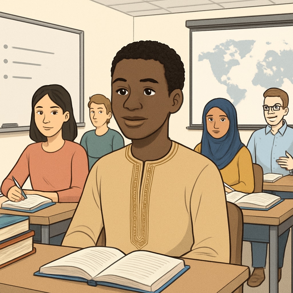 A Malian student attending a lecture at an overseas university, symbolizing the global opportunities available to those who study abroad. Malian student attending an overseas lecture, representing global opportunities.