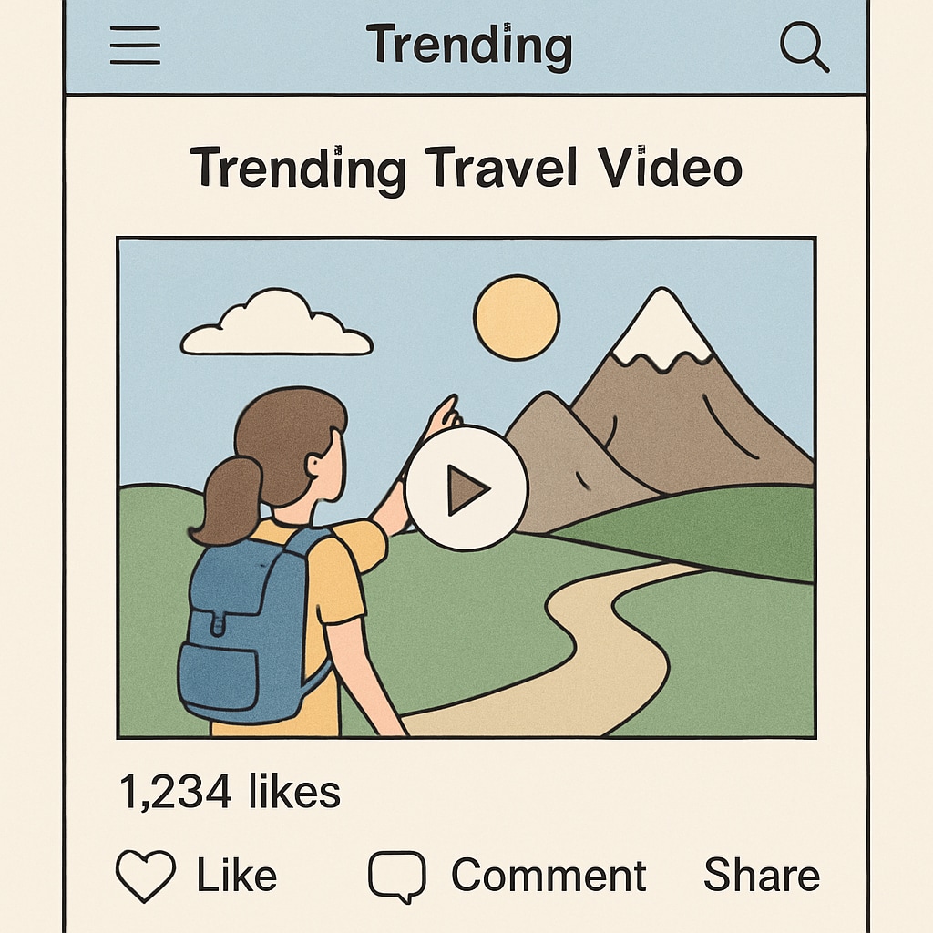 A screenshot of a social media interface showing a trending travel video with captions and user engagement metrics. Social media interface highlighting a popular short travel video.