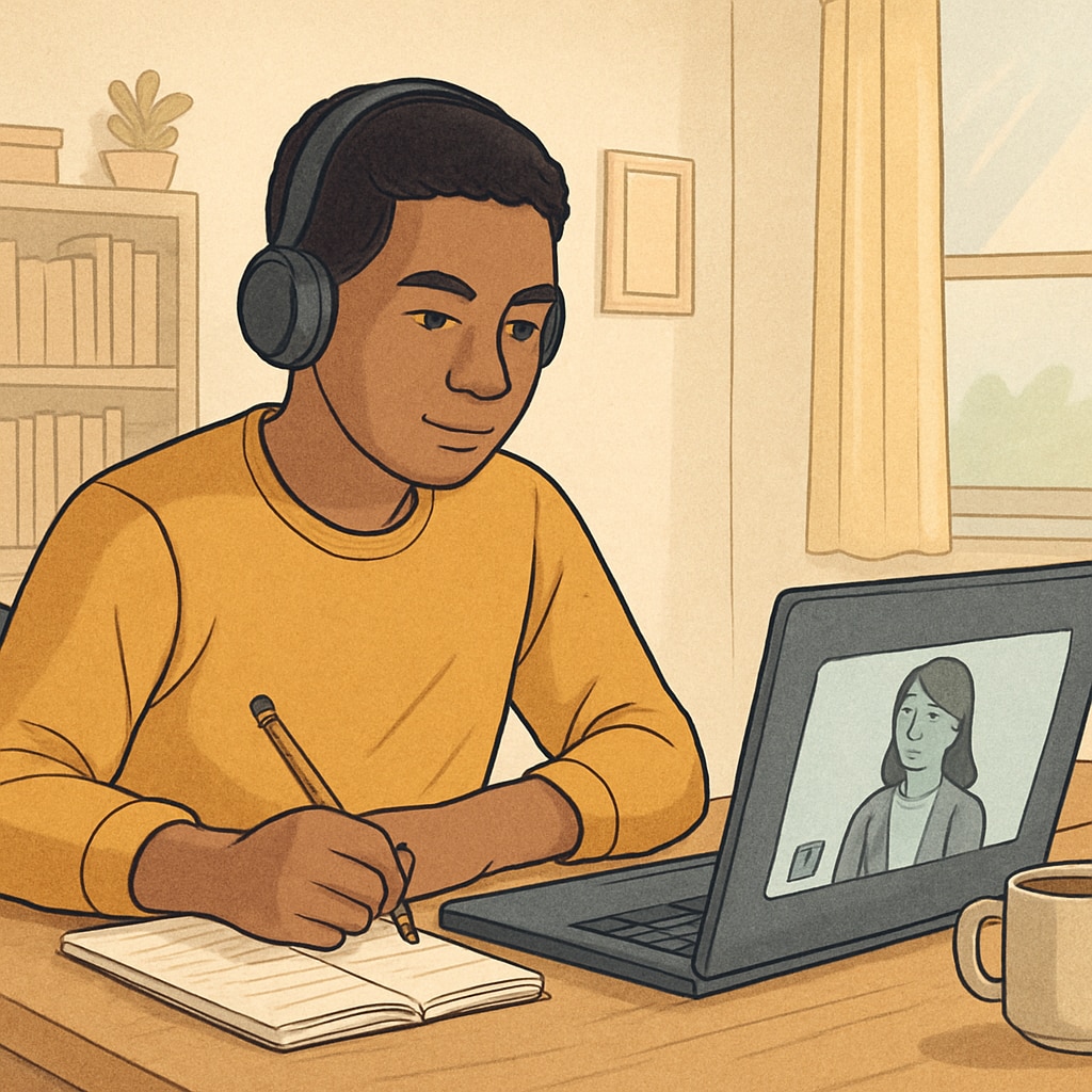 A student sitting at a desk with a laptop, participating in an online class from home. This reflects the convenience and accessibility of online universities for Latin American students. Latin American student using a laptop for an online university class