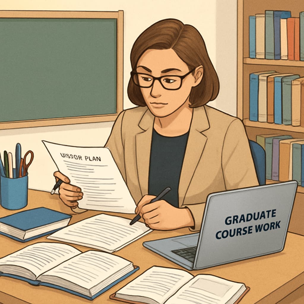 A busy teacher reviewing lesson plans at a desk while also looking at graduate coursework on a laptop. Teacher managing lesson plans and graduate studies for time management.
