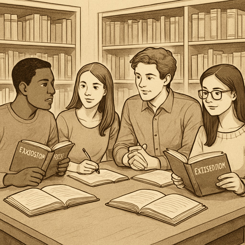 A group of students sitting in a library, reading books on philosophy and psychology. Students exploring books on psychology and philosophy.