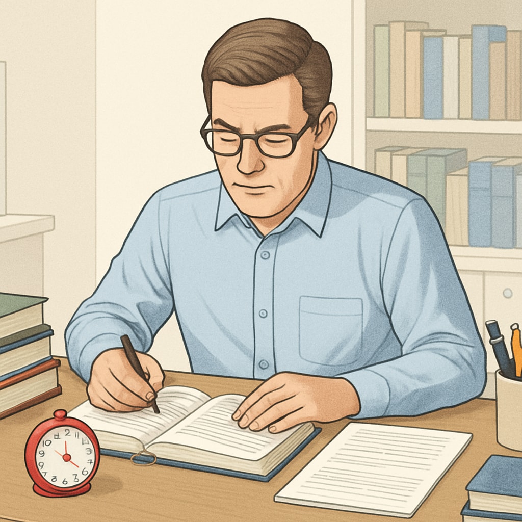 A teacher studying with a Pomodoro timer on the desk, surrounded by books and notes. Educator using the Pomodoro Technique to balance master's studies and work.