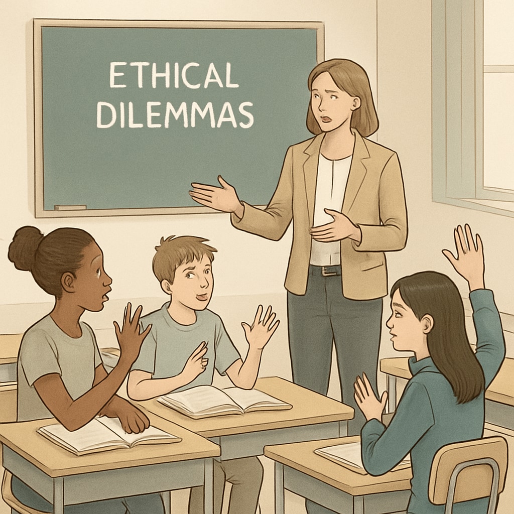 A teacher guiding students in a classroom debate about ethical dilemmas. Classroom activity where students discuss ethical questions.