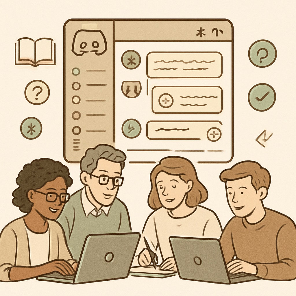 A group of students collaborating on Discord for study purposes, with laptops open and the Discord interface visible. Students using Discord for study groups at UH.