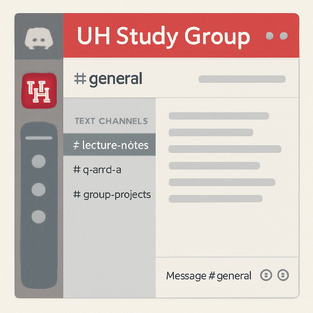 A screenshot of a Discord server tailored for a UH study group with labeled channels, such as Discord server setup for UH study groups.