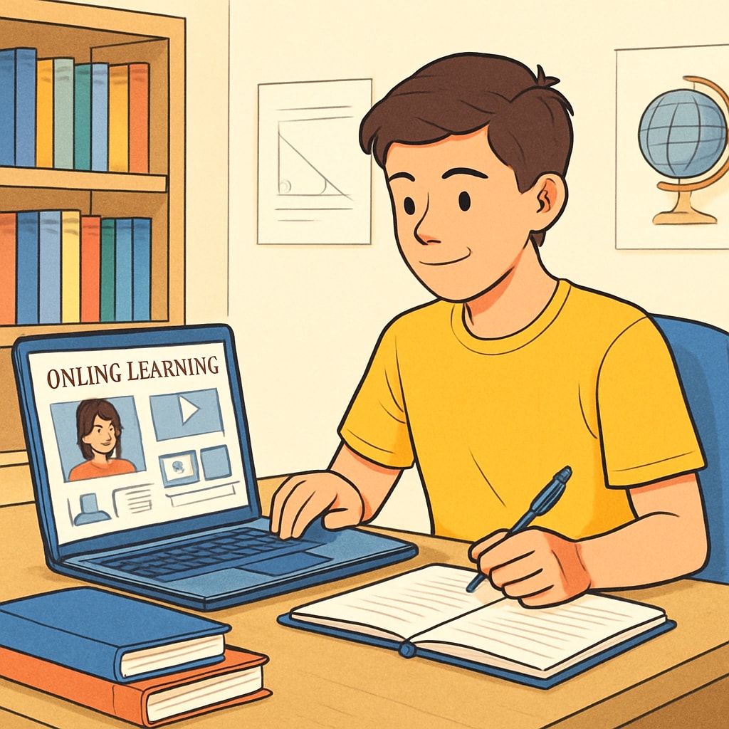 A high school student studying on an online learning platform at home, representing the accessibility of online educational resources. High school student using an online learning platform for external education.