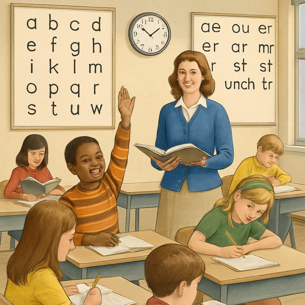 Children in a 70s classroom learning with ITA teaching materials, highlighting the phonetic system.