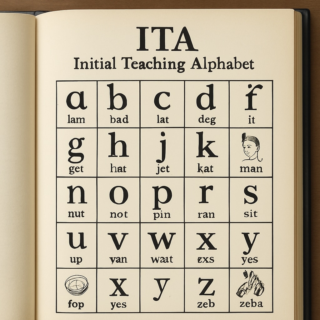 A detailed view of an ITA textbook showing simplified phonetic spellings, such as 
