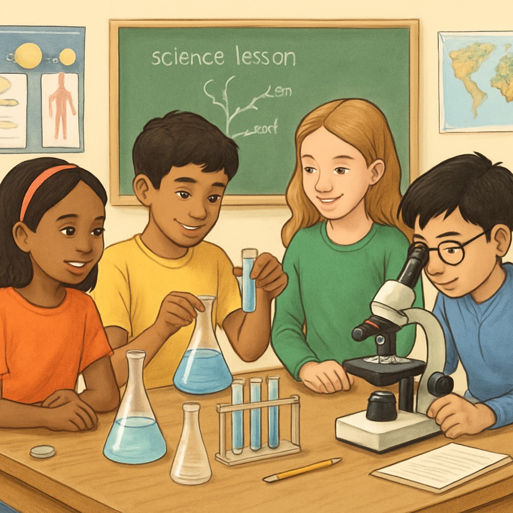 A diverse classroom setting with students engaged in a collaborative science experiment. Classroom with English learners working on a science experiment.