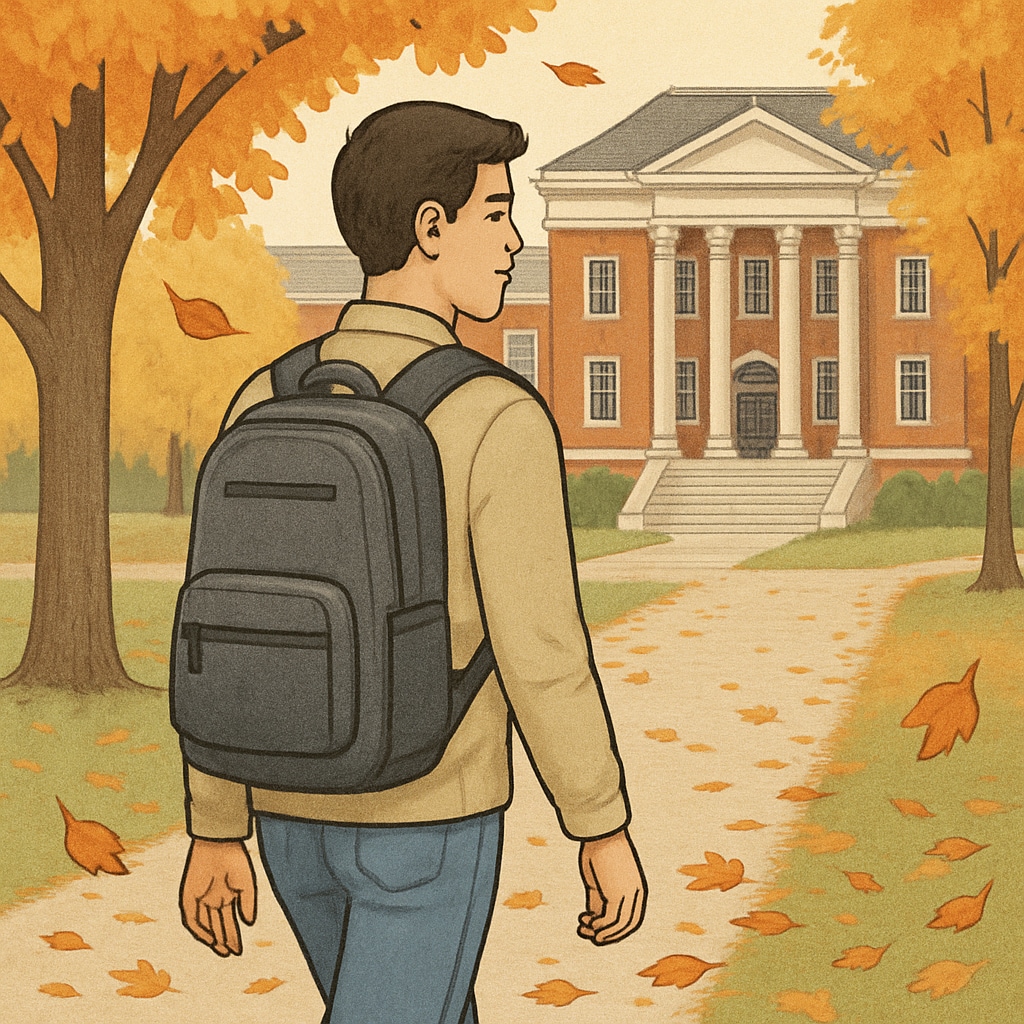 A student walking on a college campus wearing a backpack, surrounded by autumn leaves. A student wearing a backpack on campus, illustrating an affordable and practical college bag.