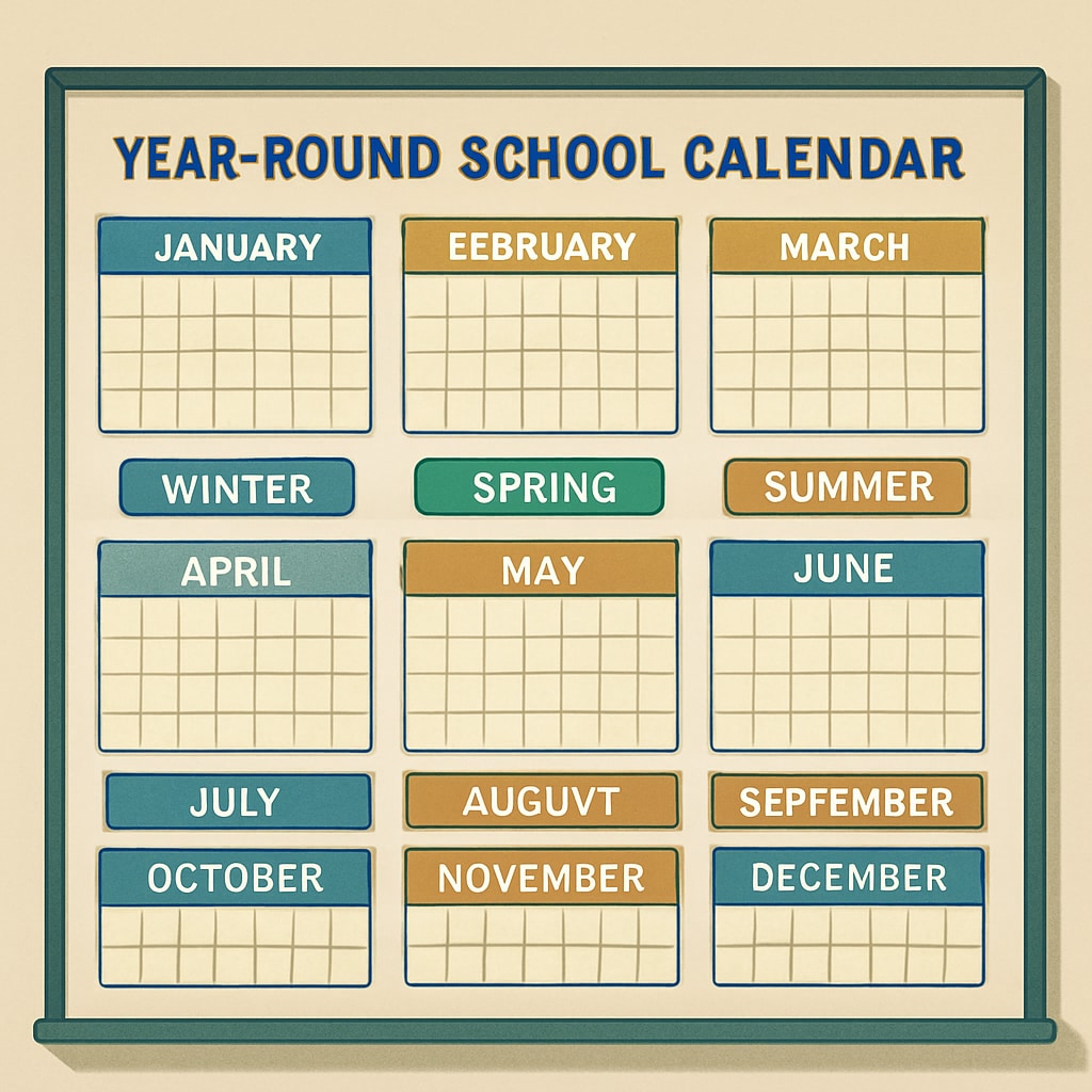 Year-round schooling calendar showing distributed learning cycles.