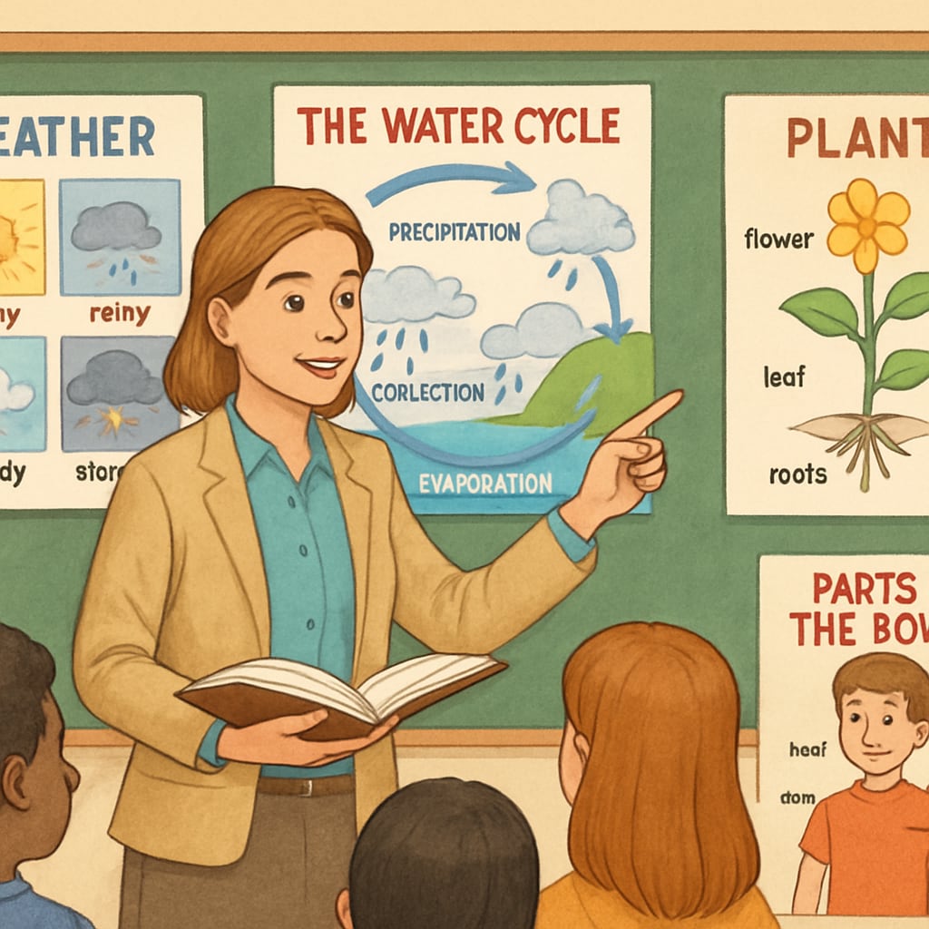 An educator using visual aids, such as charts and diagrams, during a science lesson targeted at English learners. Teacher using visual aids to teach science to English learners.