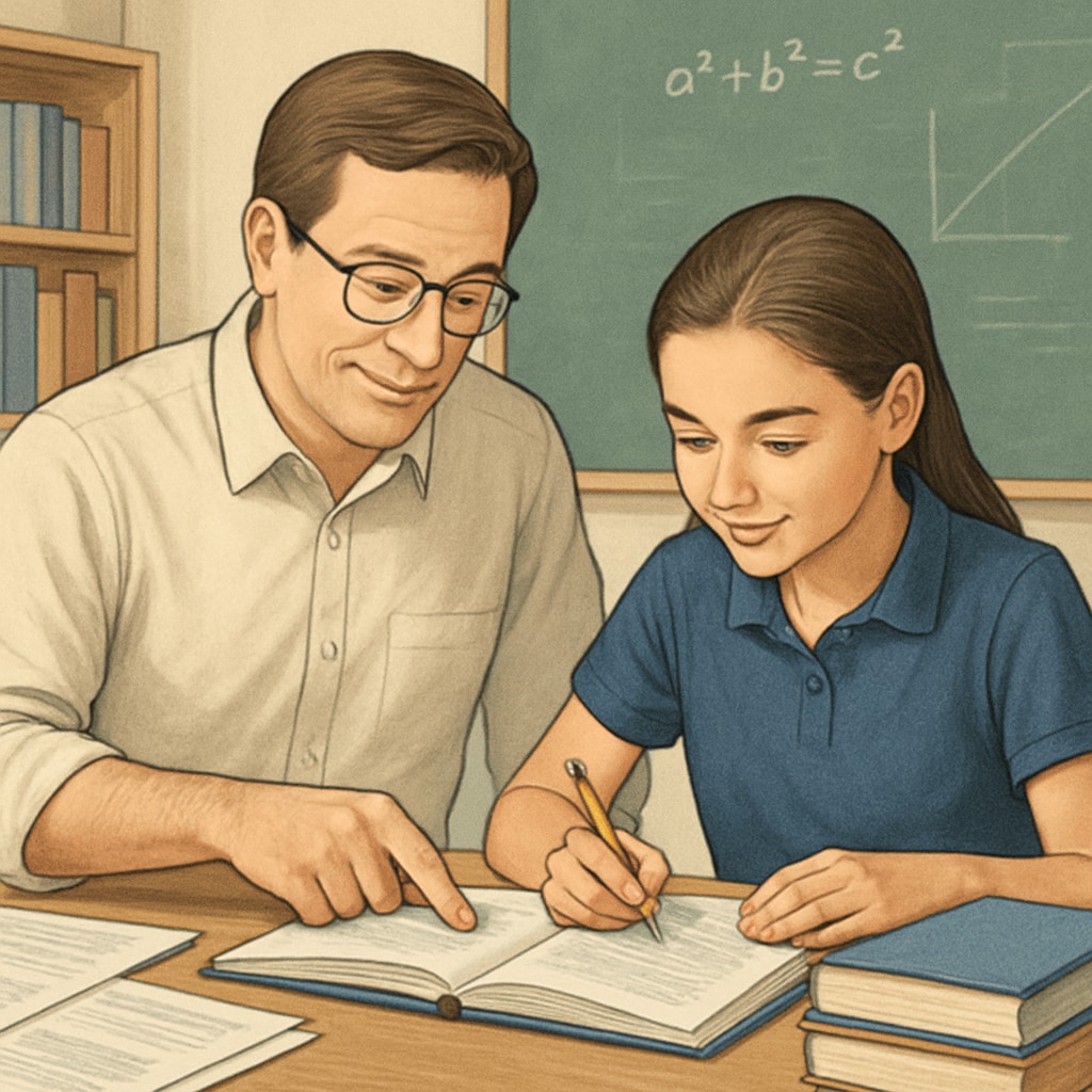 A supportive teacher and a high-achieving student working together on a challenging project in a classroom setting. Teacher guiding a high-achieving student on an advanced classroom project.