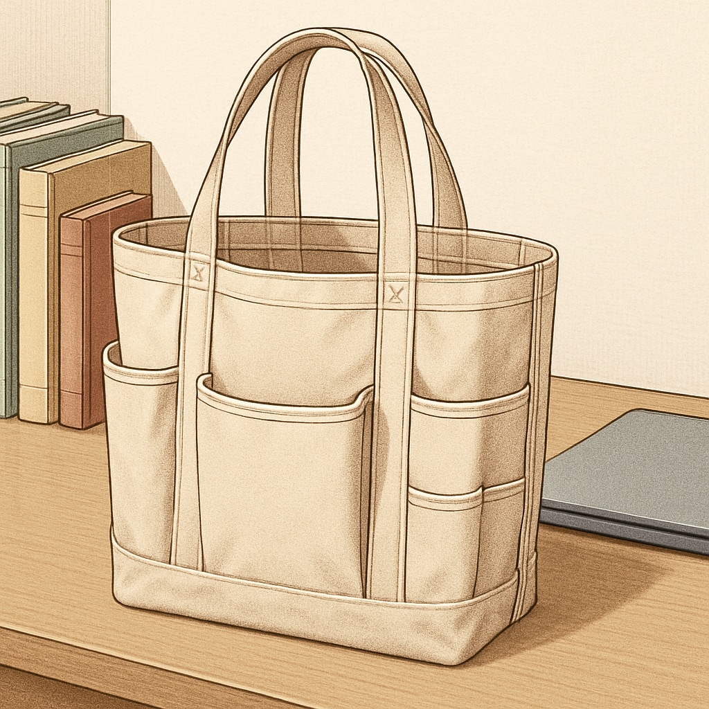 A close-up of an affordable tote bag with compartments, sitting on a study desk with books and a laptop. A budget-friendly tote bag with compartments, ideal for college students.