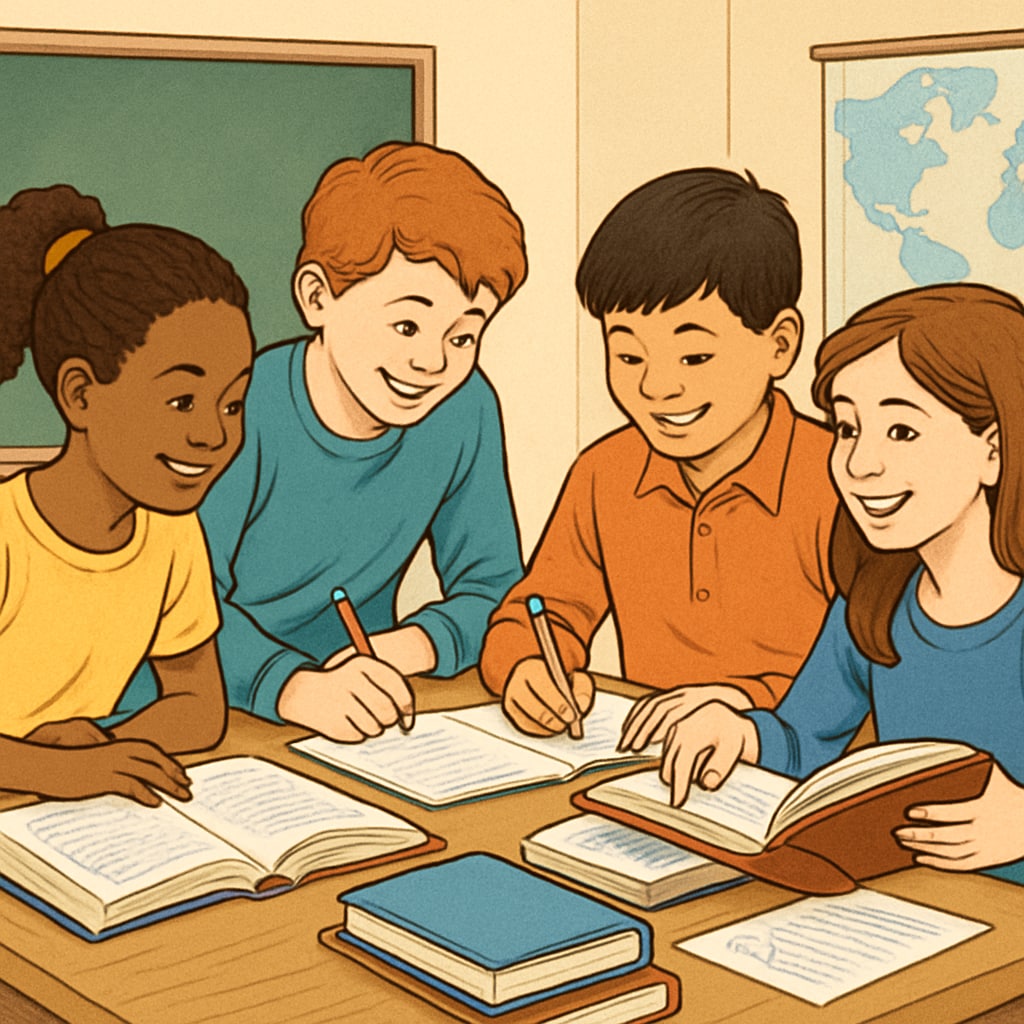 Students engaging in collaborative study during year-round school breaks.
