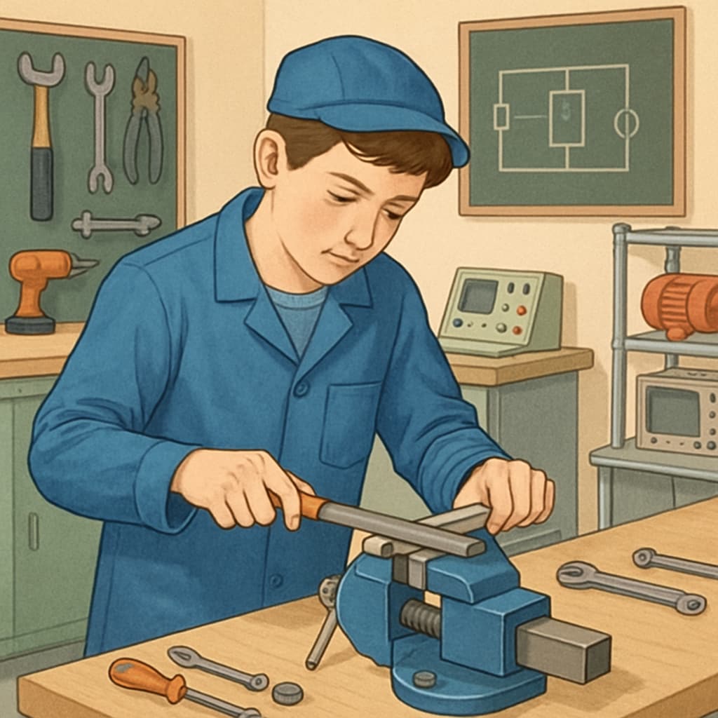 A young apprentice actively working in a vocational training setting, such as a workshop or laboratory. Young apprentice engaged in vocational training in the UK.