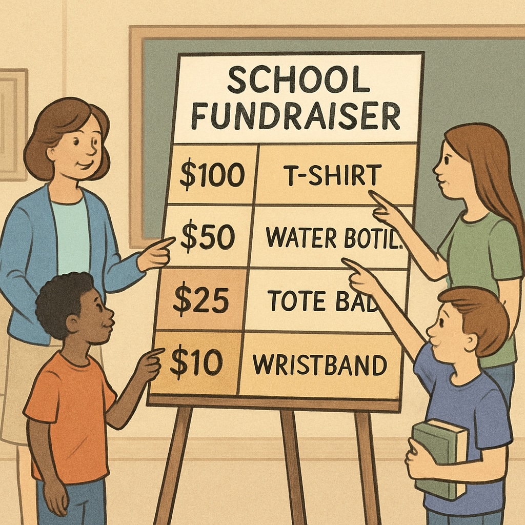 School fundraiser event displaying tiered donation rewards, highlighting economic disparity.