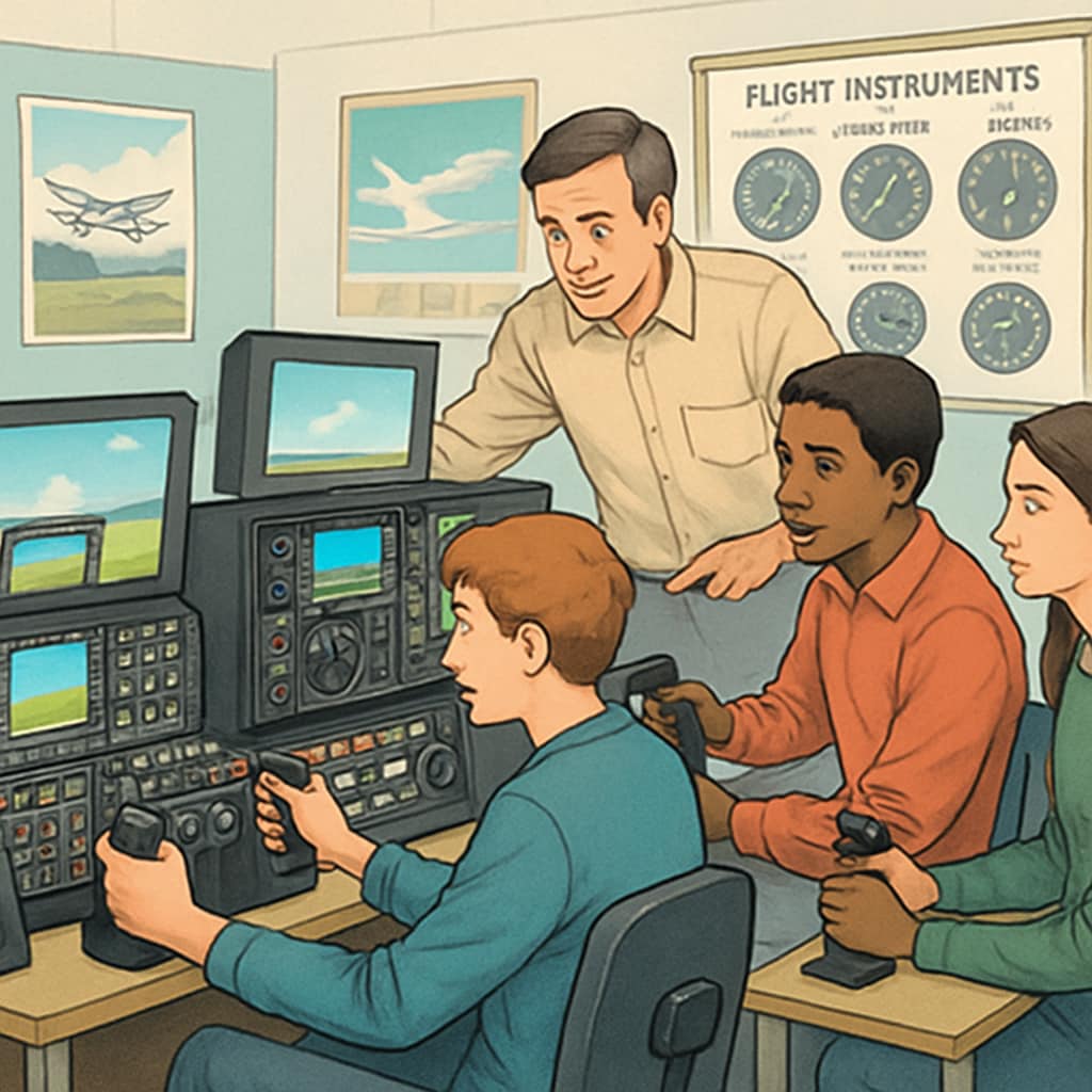 A group of high school students participating in a flight simulator workshop, showcasing early aviation education opportunities. High school students in a flight simulator workshop highlighting aviation education.