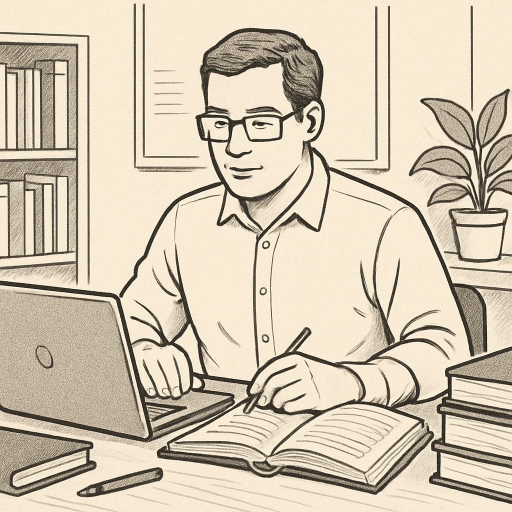 An adult learner in a classroom or studying at home with online resources. Adult learner pursuing education through online tools in the UK.