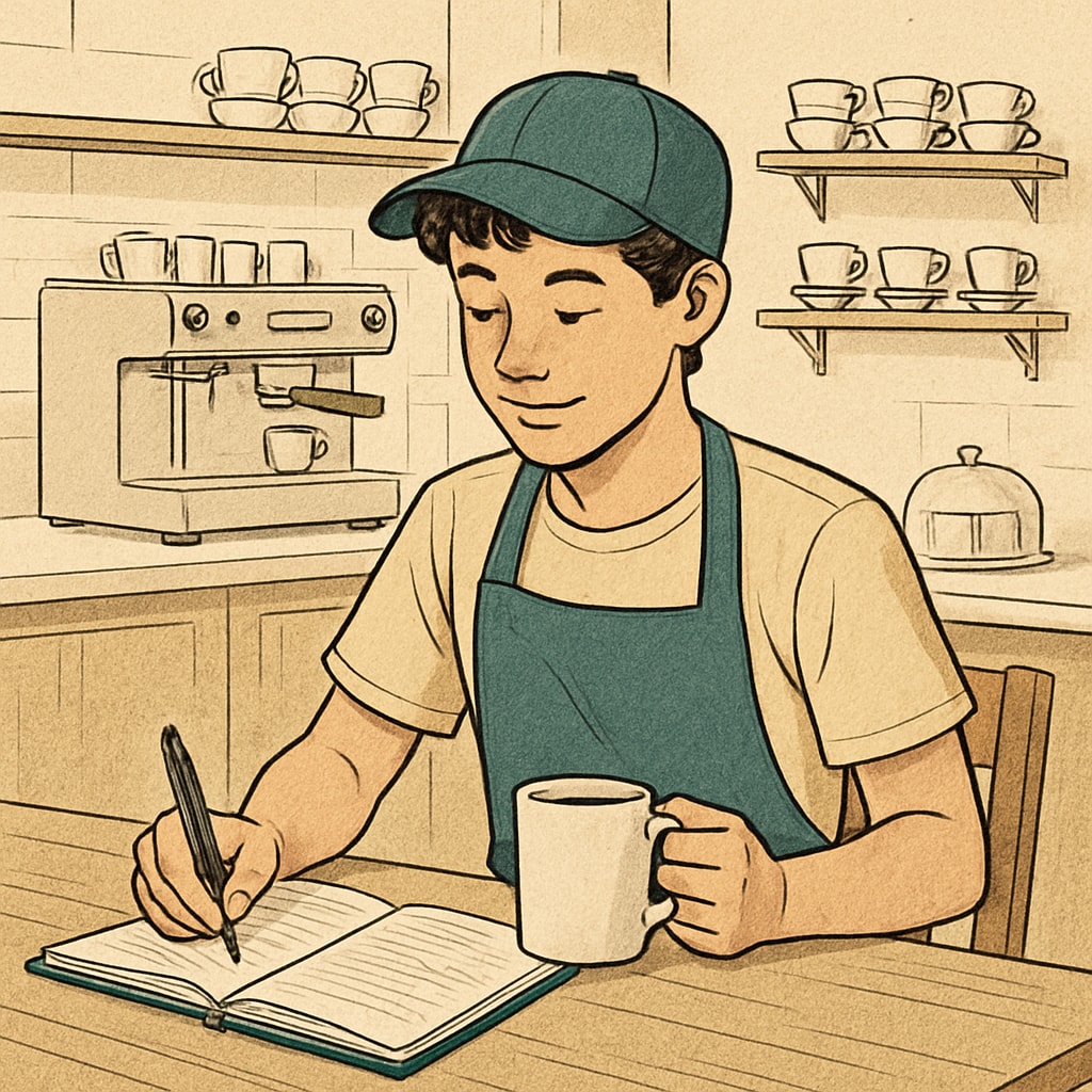 A high school student working at a summer job, such as a café, with a notebook nearby for studying. A high school student balancing work and academics during the summer.