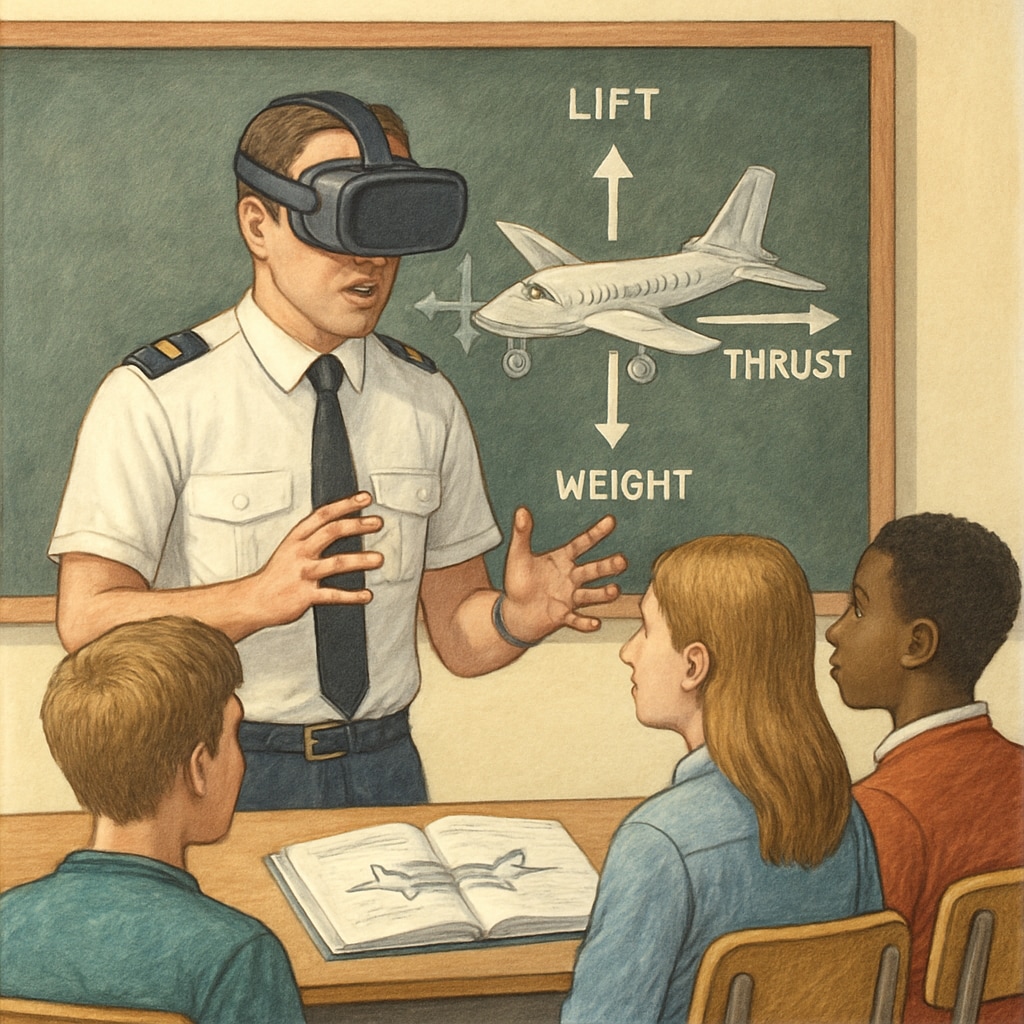 An aviation instructor demonstrating flight mechanics to students using a virtual reality headset. Aviation instructor teaching flight mechanics with virtual reality technology.