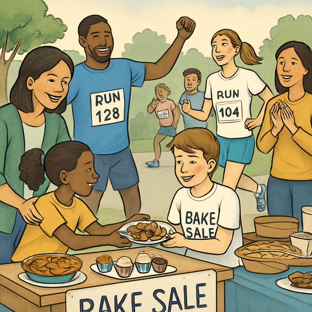 Inclusive school fundraising event with diverse student and family participation.