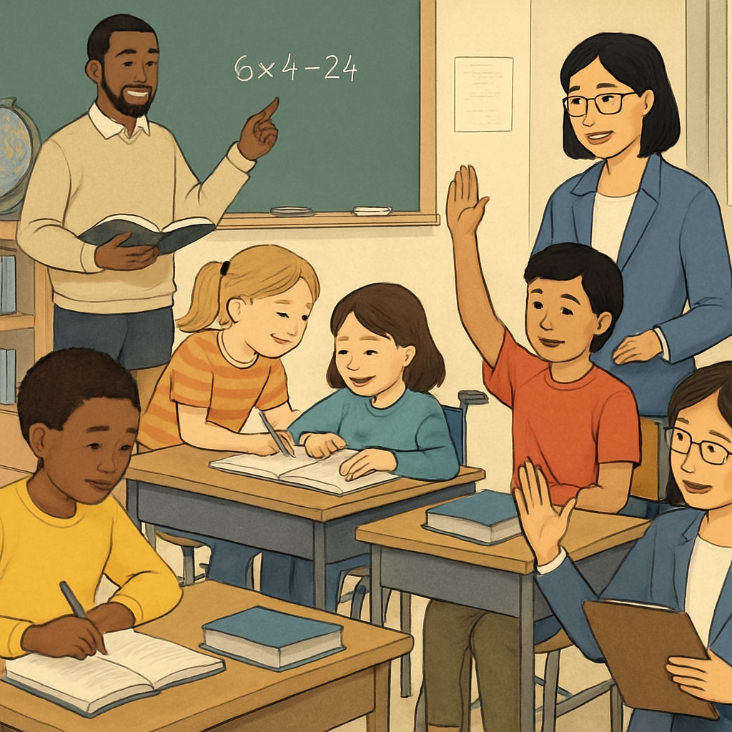 A classroom setting with students and teachers engaging in learning activities, symbolizing diversity and education. A classroom with diverse teachers and students, highlighting education and inclusivity.