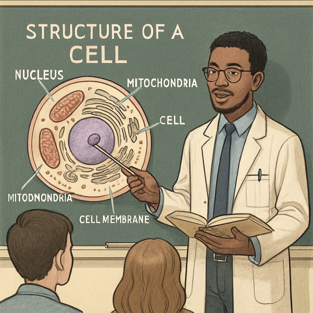 Biology graduate teaching cell structure in a classroom, showcasing the biology-to-education transition.