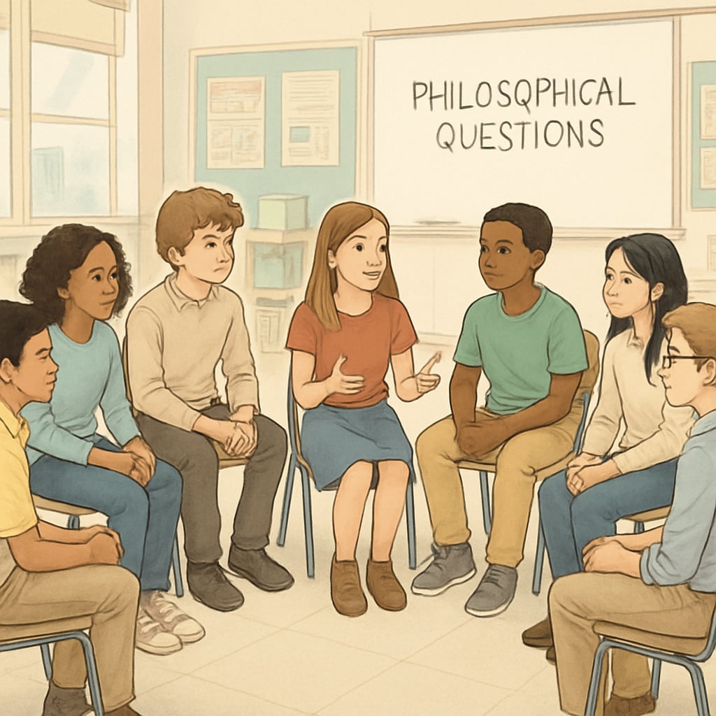 A group of K12 students engaged in a discussion about philosophical questions, sitting in a circle in a classroom setting. Students discussing philosophical ideas in a classroom circle as part of extracurricular learning.