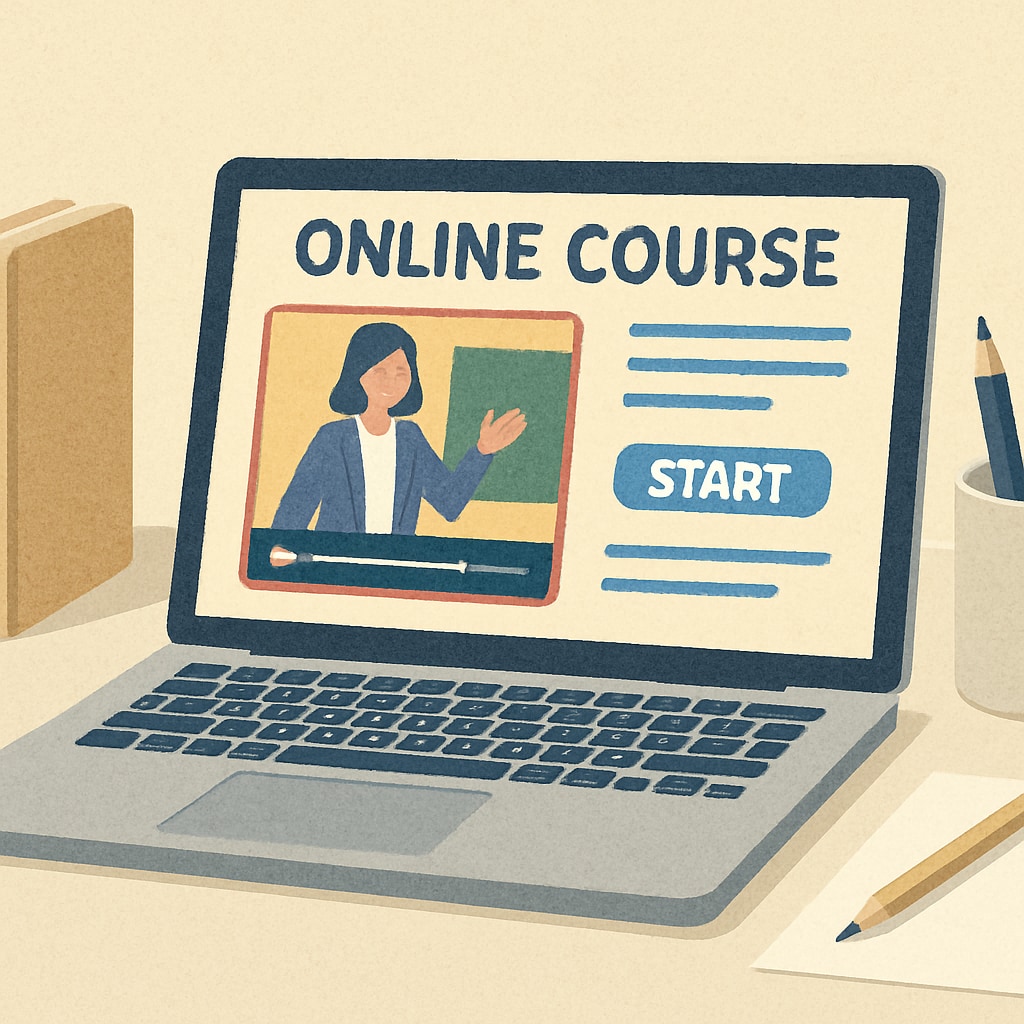 A laptop displaying an online course interface, illustrating the accessibility of adult education resources. Online learning resources for adults addressing educational gaps.