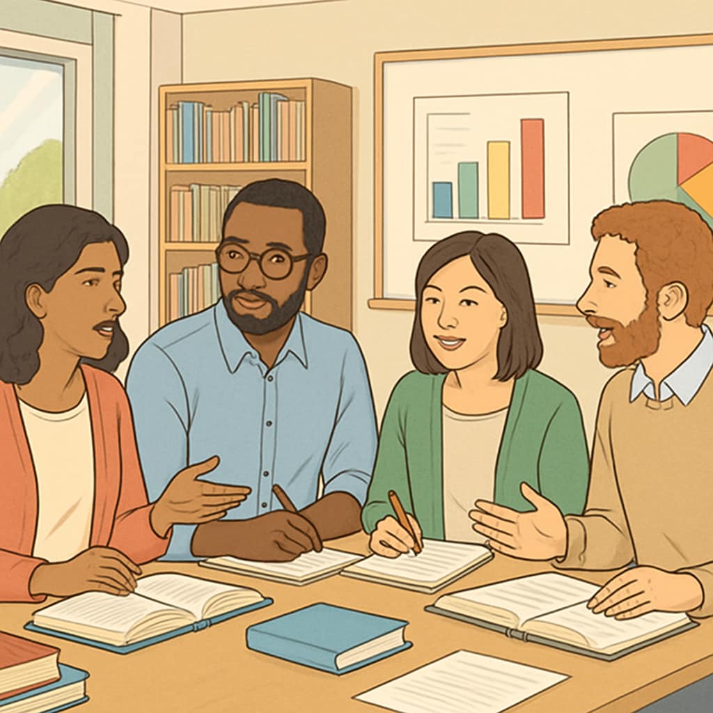 A group of teachers from diverse backgrounds collaborating in a school environment. Diverse teachers working together, emphasizing collaboration and inclusivity.