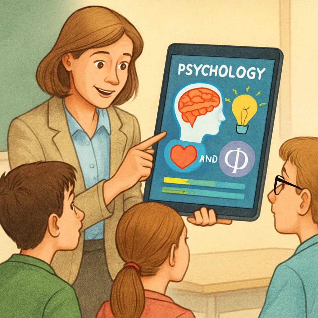 A teacher showing a group of students an interactive app on psychology and philosophy, with colorful visuals displayed on a tablet. A teacher using technology to teach psychology and philosophy to students.