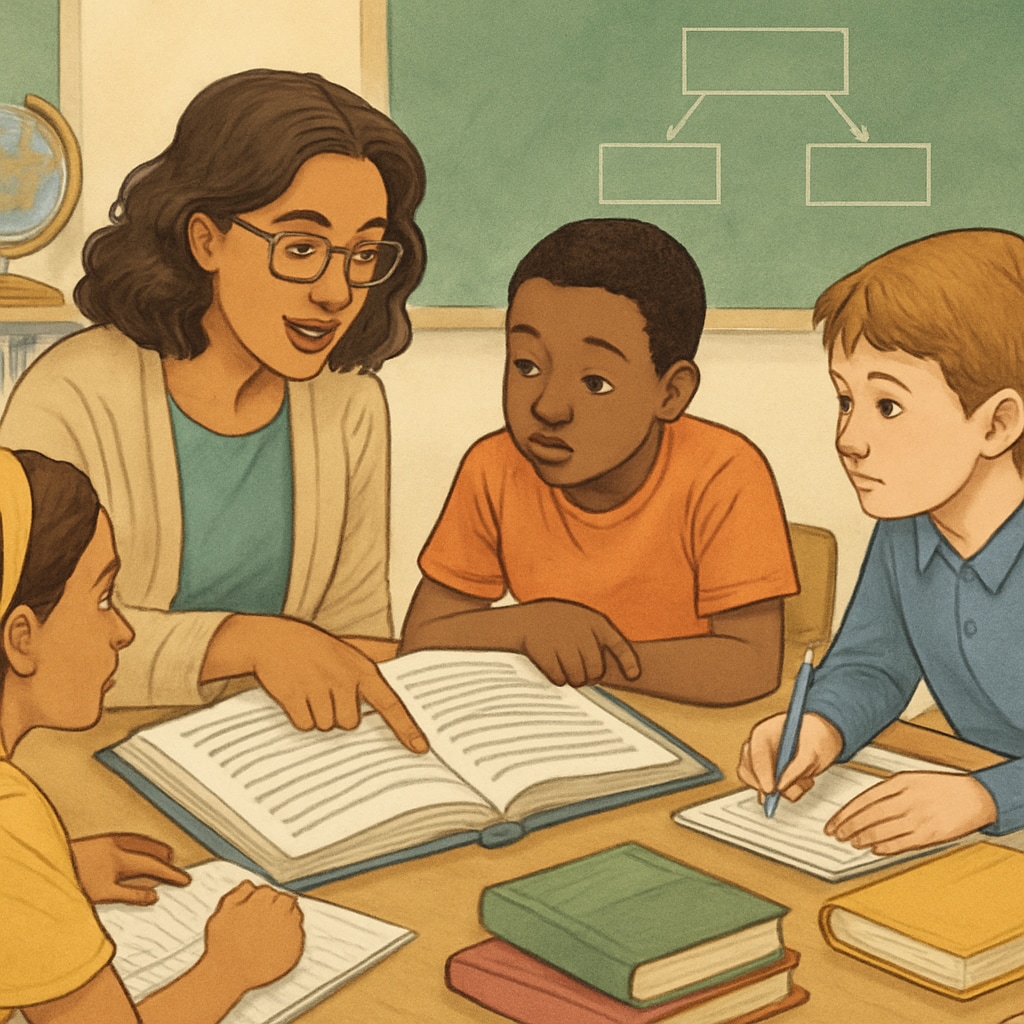 Teacher analyzing text complexity with students during a reading session