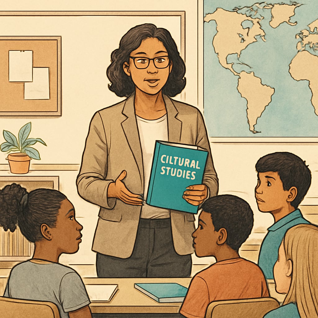 Teacher holding a book on cultural studies in a diverse classroom.