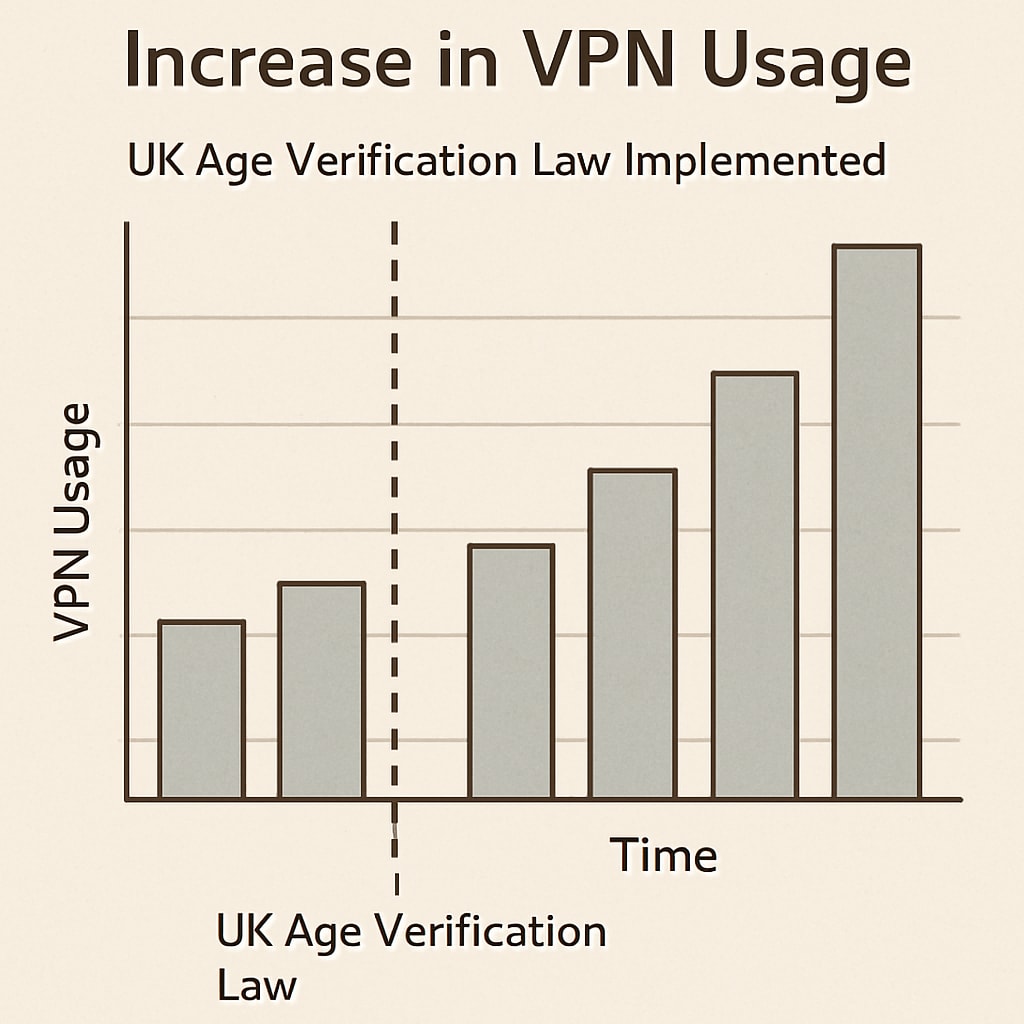A graphical representation showing the increase in VPN usage post-implementation of the UK age verification law. Increase in VPN usage due to the UK age verification law.