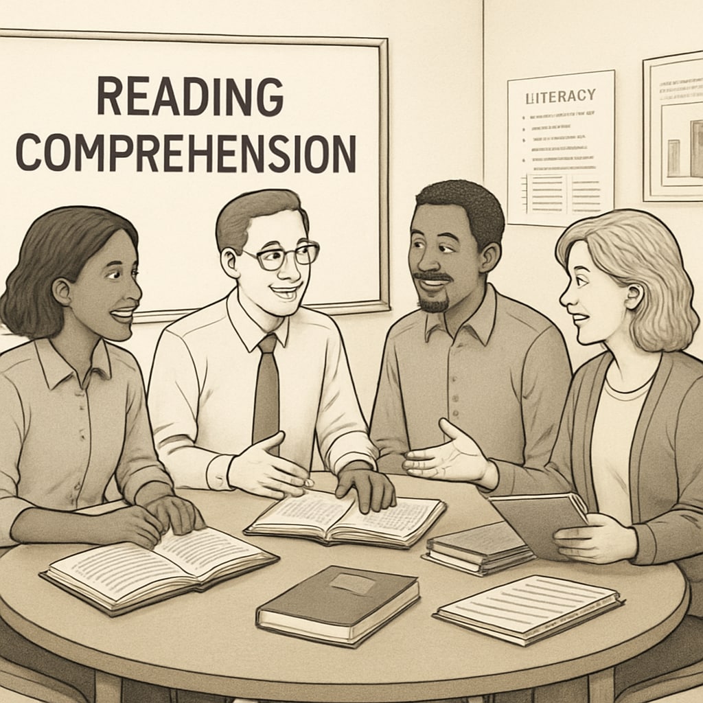 Teachers collaborating on reading comprehension research strategies