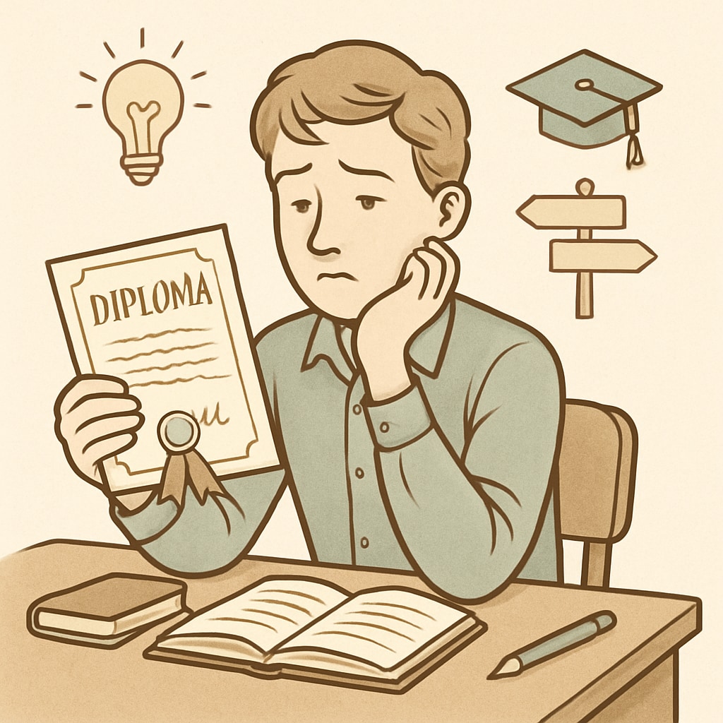 A student sitting at a desk, looking contemplative with a high school diploma in their hands. A student reflecting on their high school diploma decision, symbolizing regret.
